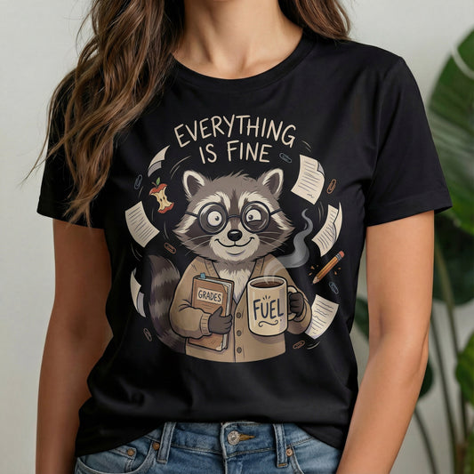 Everything Is Fine Raccoon Graphic Tee – Funny Chaotic Energy Shirt with Paper Pile & Tiny Flames.